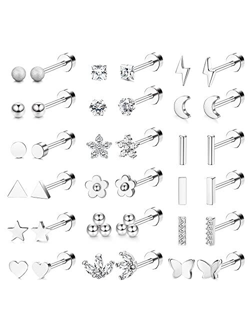 DOLOTTA 18Pairs 18G Stainless Steel Stud Earrings Set for Women Men Flatback Cartilage Helix Earrings Small CZ Heart Moon Star Geometric Stud Earrings Tiny Stud Earrings 