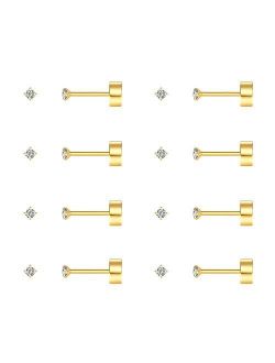 FOSIR 8 Pairs 20G Tiny Cartilage Stud Earrings for Women Men Flatback Earrings Stainless Steel Cubic Zirconia Earrings Set, Gold Silver