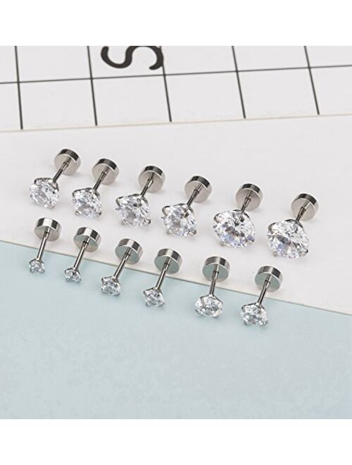 YOVORO 6-12 Pairs 18-20G Stainless Steel Stud Earrings for Men Women Cartilage Ear Piercings Helix Tragus Barbell 3-8mm