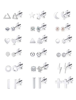 Staligue 18 Pairs Tiny Cartilage Stud Earrings for Women Men Star Moon Heart Disc Ball CZ Small Screwback Flat Back Stud Earrings Stainless Steel Geometric Barbell Flatba