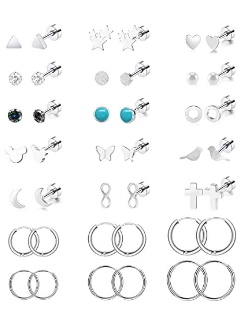 MJust 21 Pairs Stainless Steel Earring Set for Women Men Star Moon Butterfly 20G Cartilage Hoop Earrings Hypoallergenic Flat Back Earrings Piercing Jewelry