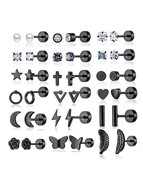 Gabry&jwl 18 Pairs Stud Earrings for Women Men 316L Surgical Stainless Steel Hypoallergenic Flatback Earrings Cubic Zirconia Earring Studs for Gilr,Black Silver Gold 20G 