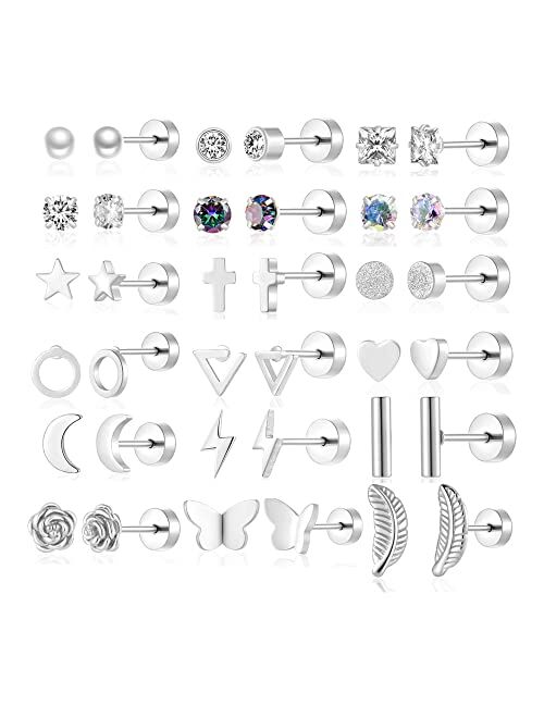 Gabry&jwl 18 Pairs Stud Earrings for Women Men 316L Surgical Stainless Steel Hypoallergenic Flatback Earrings Cubic Zirconia Earring Studs for Gilr,Black Silver Gold 20G 