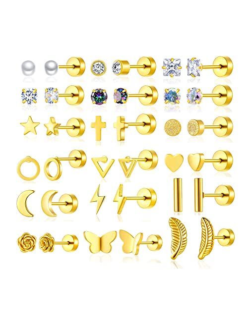 Gabry&jwl 18 Pairs Stud Earrings for Women Men 316L Surgical Stainless Steel Hypoallergenic Flatback Earrings Cubic Zirconia Earring Studs for Gilr,Black Silver Gold 20G 