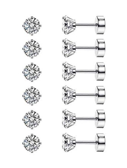 CASSIECA 6 Pairs 20G Cartilage Earring Stud for Women Men 316L Surgical Steel Flat Back Earrings Set, 2-6mm Round CZ Barbell Stud Earrings for Cartilage Tragus Helix Pier