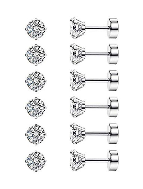 CASSIECA 6 Pairs 20G Cartilage Earring Stud for Women Men 316L Surgical Steel Flat Back Earrings Set, 2-6mm Round CZ Barbell Stud Earrings for Cartilage Tragus Helix Pier