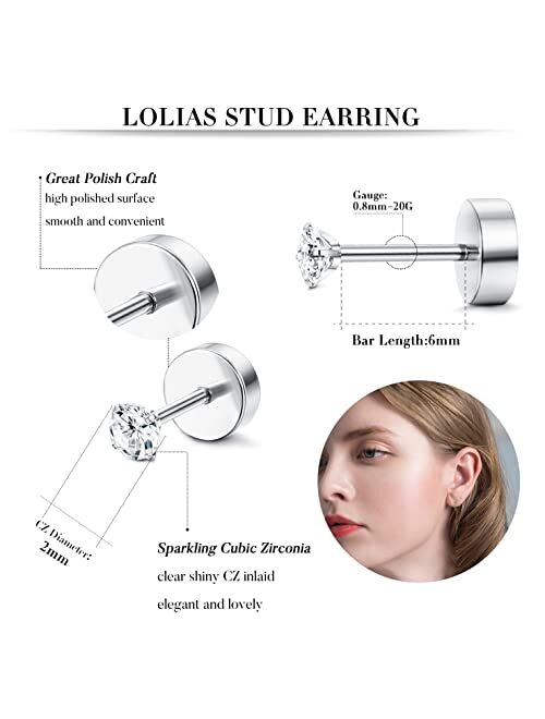 LOLIAS 12 Pairs Cartilage Earring Stud 316L Surgical Steel Flat Back Earrings Set for Women Men Barbell 2-5mm Round CZ Stud Earrings for Cartilage Tragus Helix Piercing J