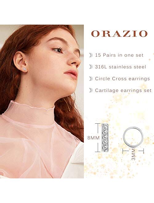 ORAZIO 15 Pairs Tiny Cartilage Stud Earrings Star Moon Circle Bar Heart Trague Stud Earrings Set for Women Flat Back Cross CZ Earrings Stainless Steel Ear Piercing Set