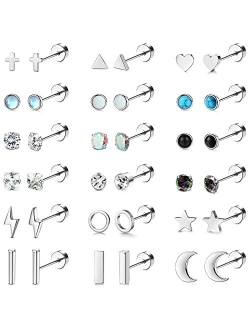 TEN MIRO 18 Pairs Tiny Cartilage Stud Earrings Set for Women Men 316L Stainless Steel 20G Cartilage Helix Earrings Moon Star Heart CZ Opal Geometric Flat Back Stud Earrin