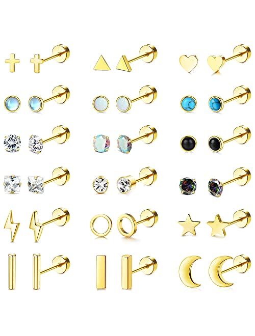 TEN MIRO 18 Pairs Tiny Cartilage Stud Earrings Set for Women Men 316L Stainless Steel 20G Cartilage Helix Earrings Moon Star Heart CZ Opal Geometric Flat Back Stud Earrin