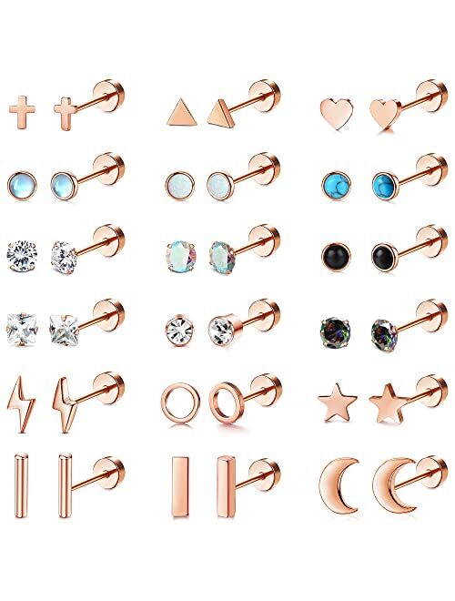 TEN MIRO 18 Pairs Tiny Cartilage Stud Earrings Set for Women Men 316L Stainless Steel 20G Cartilage Helix Earrings Moon Star Heart CZ Opal Geometric Flat Back Stud Earrin