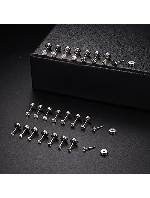 JOERICA 12Pairs 20G Stainless Steel CZ Stud Earrings for Women Men Cartilage Helix 2mm Stud Earrings Set Round Cubic Zirconia Screw Flat Back Stud Ear Piercing