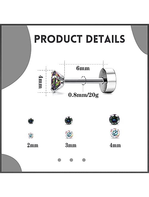 JOERICA 12Pairs 20G Stainless Steel CZ Stud Earrings for Women Men Cartilage Helix 2mm Stud Earrings Set Round Cubic Zirconia Screw Flat Back Stud Ear Piercing