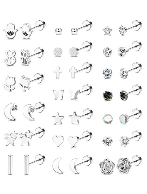 Kakonia 20 Pairs Small Stud Earrings for Women Men Stainless Steel Flat Back Earrings for Cartilage 20G Flatback Cartilage Earrings CZ Star Moon Butterfly Flower Evil Eye