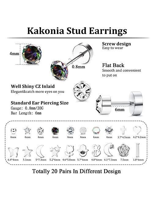 Kakonia 20 Pairs Small Stud Earrings for Women Men Stainless Steel Flat Back Earrings for Cartilage 20G Flatback Cartilage Earrings CZ Star Moon Butterfly Flower Evil Eye