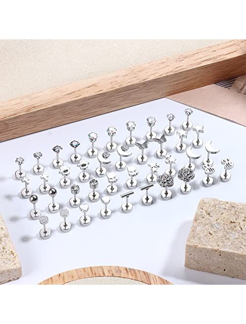 Kakonia 20 Pairs Small Stud Earrings for Women Men Stainless Steel Flat Back Earrings for Cartilage 20G Flatback Cartilage Earrings CZ Star Moon Butterfly Flower Evil Eye