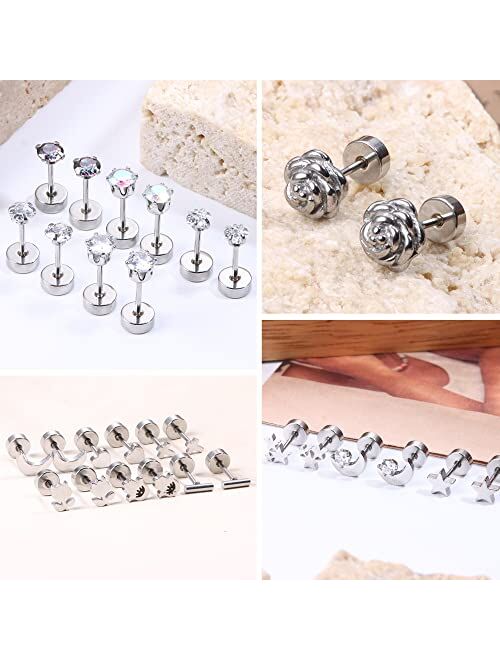 Kakonia 20 Pairs Small Stud Earrings for Women Men Stainless Steel Flat Back Earrings for Cartilage 20G Flatback Cartilage Earrings CZ Star Moon Butterfly Flower Evil Eye