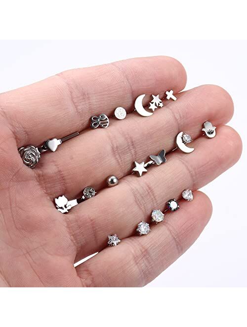 Kakonia 20 Pairs Small Stud Earrings for Women Men Stainless Steel Flat Back Earrings for Cartilage 20G Flatback Cartilage Earrings CZ Star Moon Butterfly Flower Evil Eye