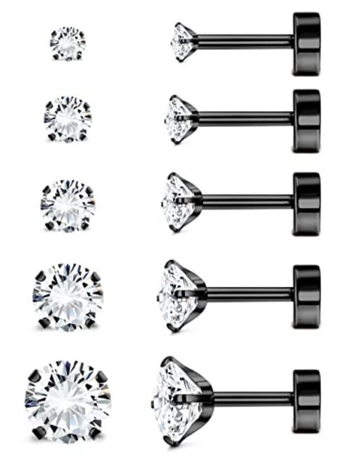 Sanfenly CZ Stud Earrings for Women Men Stainless Steel 3mm 4mm 5mm 6mm 8mm Cubic Zirconia Cartilage Helix Earrings Studs 20G Flatback Earrings