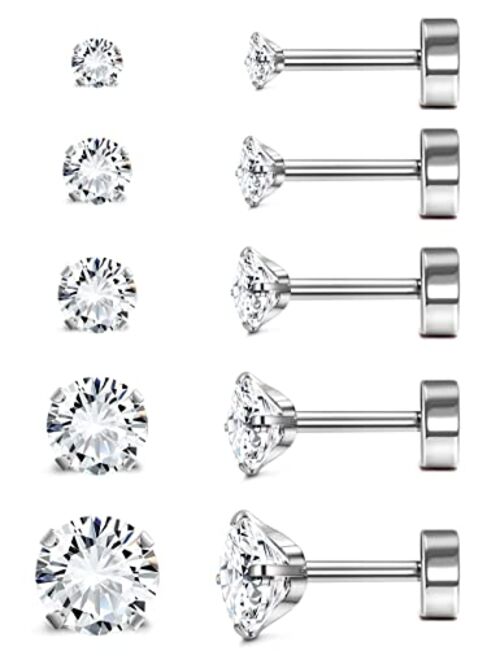 Sanfenly CZ Stud Earrings for Women Men Stainless Steel 3mm 4mm 5mm 6mm 8mm Cubic Zirconia Cartilage Helix Earrings Studs 20G Flatback Earrings