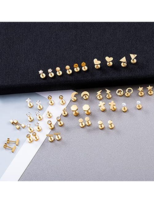 REVOLIA 24Pairs 20G Stainless Steel Tiny Stud Earrings for Women Men Star Moon Heart Cartilage Helix Tragus Earings CZ Ear Piercing Jewelry Set