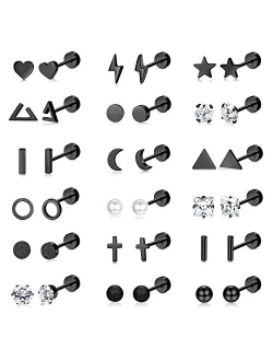 ORAZIO 18 Pairs Surgical Stainless Steel Stud Earrings For Women Men 20G Cartilage Earrings Studs Cross Moon Star Small Stud Earrings Black Gold Screw Flat Back Earrings 