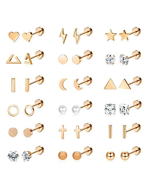 ORAZIO 18 Pairs Surgical Stainless Steel Stud Earrings For Women Men 20G Cartilage Earrings Studs Cross Moon Star Small Stud Earrings Black Gold Screw Flat Back Earrings 