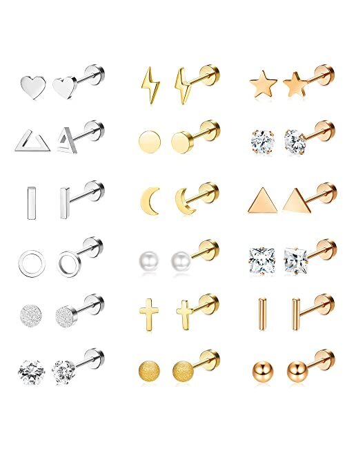 ORAZIO 18 Pairs Surgical Stainless Steel Stud Earrings For Women Men 20G Cartilage Earrings Studs Cross Moon Star Small Stud Earrings Black Gold Screw Flat Back Earrings 