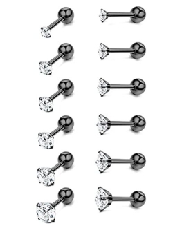 DOLOTTA 6Pairs 18G Stainless Steel CZ Stud Earrings Piercing Ear Cartilage Set for Women Men 2-7MM Round CZ Barbell Stud Earring with Screw Flat Ball Back Earrings for Wo