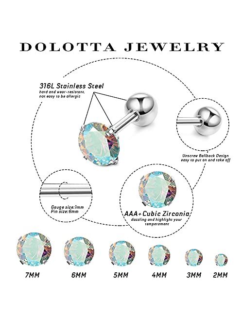 DOLOTTA 6Pairs 18G Stainless Steel CZ Stud Earrings Piercing Ear Cartilage Set for Women Men 2-7MM Round CZ Barbell Stud Earring with Screw Flat Ball Back Earrings for Wo