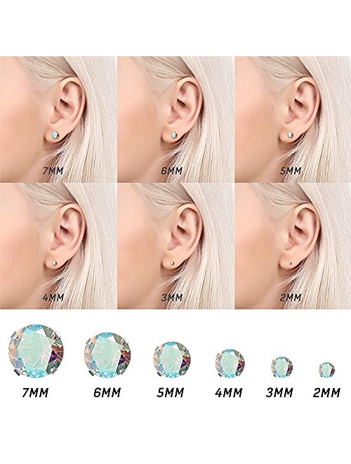 DOLOTTA 6Pairs 18G Stainless Steel CZ Stud Earrings Piercing Ear Cartilage Set for Women Men 2-7MM Round CZ Barbell Stud Earring with Screw Flat Ball Back Earrings for Wo