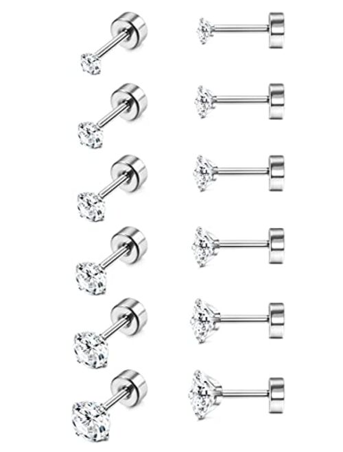 DOLOTTA 6Pairs 18G Stainless Steel CZ Stud Earrings Piercing Ear Cartilage Set for Women Men 2-7MM Round CZ Barbell Stud Earring with Screw Flat Ball Back Earrings for Wo