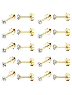 Drperfect 10Pairs 18G Stainless Steel CZ Stud Earrings for Women Men Cartilage Helix Piercing Earring Round Cubic Zirconia Screw Flat Back Stud Ear Jewelry Set