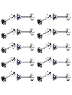 Drperfect 10Pairs 18G Stainless Steel CZ Stud Earrings for Women Men Cartilage Helix Piercing Earring Round Cubic Zirconia Screw Flat Back Stud Ear Jewelry Set