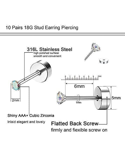 Drperfect 10Pairs 18G Stainless Steel CZ Stud Earrings for Women Men Cartilage Helix Piercing Earring Round Cubic Zirconia Screw Flat Back Stud Ear Jewelry Set