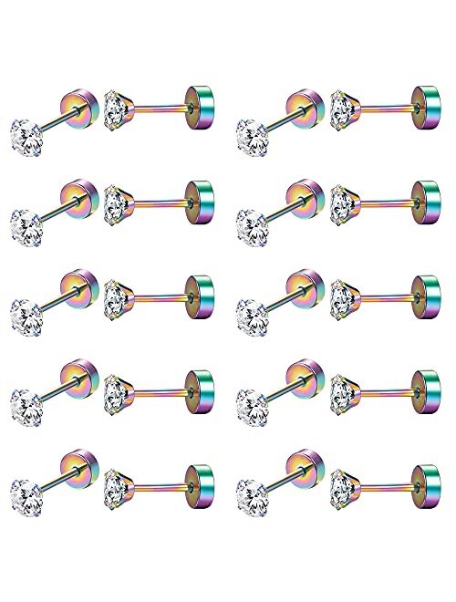 Drperfect 10Pairs 18G Stainless Steel CZ Stud Earrings for Women Men Cartilage Helix Piercing Earring Round Cubic Zirconia Screw Flat Back Stud Ear Jewelry Set