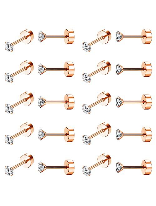 Drperfect 10Pairs 18G Stainless Steel CZ Stud Earrings for Women Men Cartilage Helix Piercing Earring Round Cubic Zirconia Screw Flat Back Stud Ear Jewelry Set