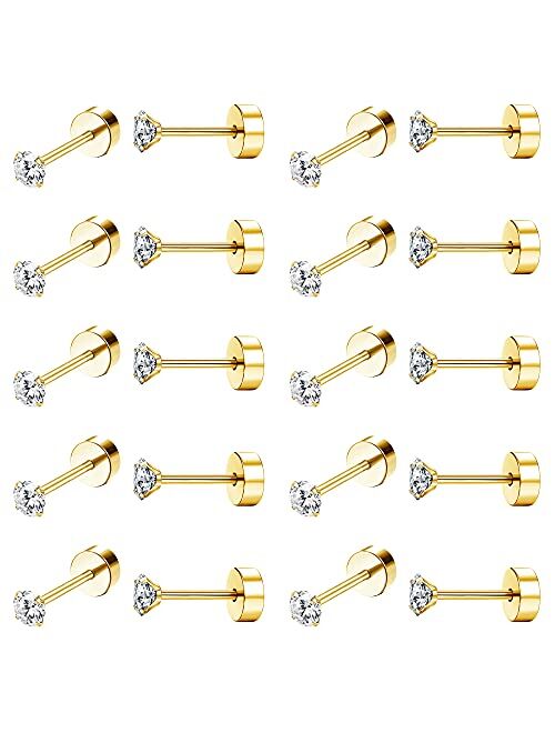 Drperfect 10Pairs 18G Stainless Steel CZ Stud Earrings for Women Men Cartilage Helix Piercing Earring Round Cubic Zirconia Screw Flat Back Stud Ear Jewelry Set