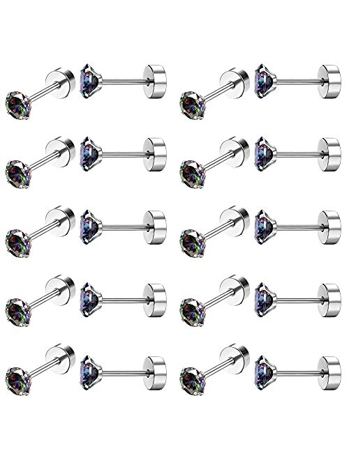 Drperfect 10Pairs 18G Stainless Steel CZ Stud Earrings for Women Men Cartilage Helix Piercing Earring Round Cubic Zirconia Screw Flat Back Stud Ear Jewelry Set