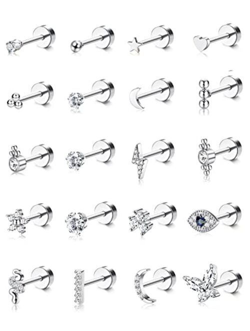 BESTEEL 20Pcs Stainless Steel Stud Earrings for Women Men 20G Tiny Cartilage Stud Earrings Small Snake Star Moon Ball Butterfly Heart Eye Flower Screwback Flat Back Stud 