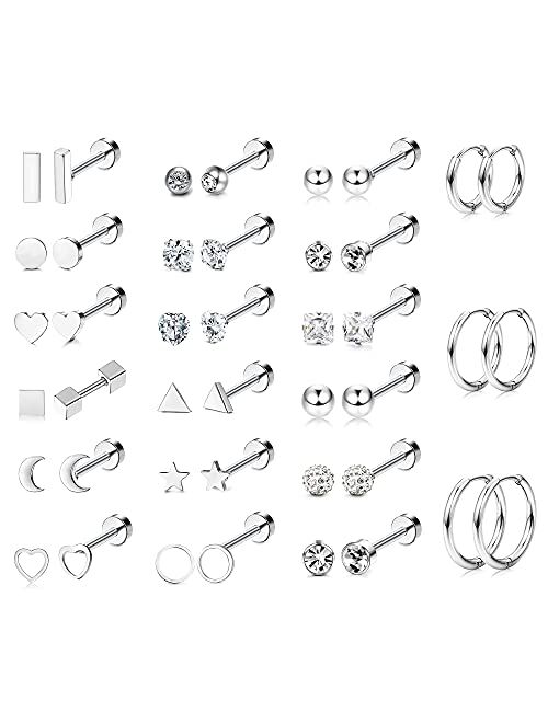 LOLIAS 21Pairs Cartilage Earrings Stud Hoop Stainless Steel Screw Flat Back Earrings Hoop Earrings for Cartilage Tragus Daith Helix Ear Piercing Set