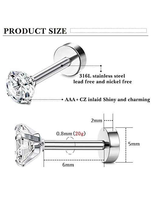 LOLIAS 21Pairs Cartilage Earrings Stud Hoop Stainless Steel Screw Flat Back Earrings Hoop Earrings for Cartilage Tragus Daith Helix Ear Piercing Set