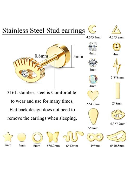 JOERICA 18 Pairs Stainless Steel Stud Earrings Set for Women Men CZ Butterfly Snake Moon Evil Eye Heart 20G Cartilage Stud Earrings Cute Geometric Flatback Earrings Pierc