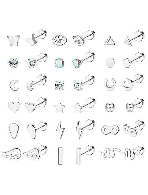 JOERICA 18 Pairs Stainless Steel Stud Earrings Set for Women Men CZ Butterfly Snake Moon Evil Eye Heart 20G Cartilage Stud Earrings Cute Geometric Flatback Earrings Pierc