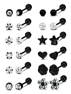 LOLIAS 12 Pairs 18G Barbell Stud Earrings for Men Women Stainless Steel Ball CZ Cartilage Helix Surgical Flatback Earrings Set