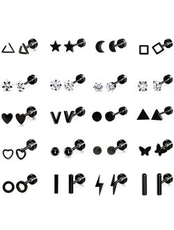 PLOMFOV 20Pairs Stainless Steel Stud Earrings Set for Women Men 18G Cartilage Stud Earrings Moon Star Triangle Circle Heart Square Butterfly CZ Stainless Steel Flat Back 