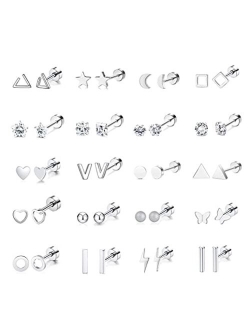 PLOMFOV 20Pairs Stainless Steel Stud Earrings Set for Women Men 18G Cartilage Stud Earrings Moon Star Triangle Circle Heart Square Butterfly CZ Stainless Steel Flat Back 