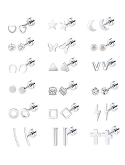 MJust 18 Pairs Tiny Cartilage Stud Earrings Set for Women Men Star Moon Triangle Circle Bar HeartMatte Square CZ Screwback Barbell Earrings Geometric Stainless Steel Earr