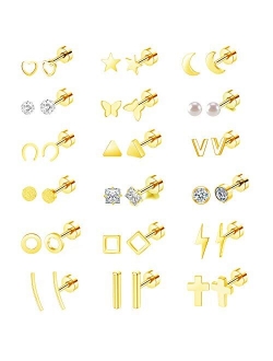 MJust 18 Pairs Tiny Cartilage Stud Earrings Set for Women Men Star Moon Triangle Circle Bar HeartMatte Square CZ Screwback Barbell Earrings Geometric Stainless Steel Earr