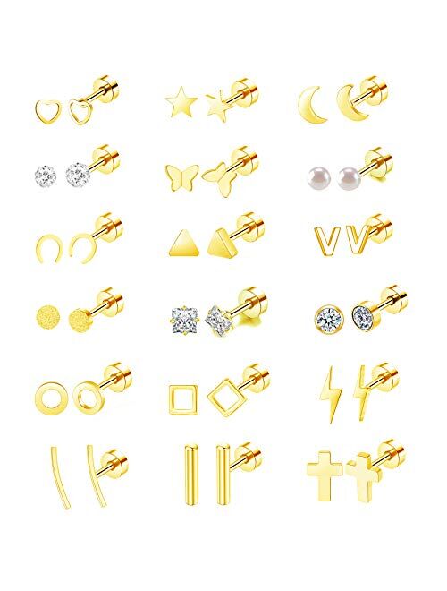 MJust 18 Pairs Tiny Cartilage Stud Earrings Set for Women Men Star Moon Triangle Circle Bar HeartMatte Square CZ Screwback Barbell Earrings Geometric Stainless Steel Earr